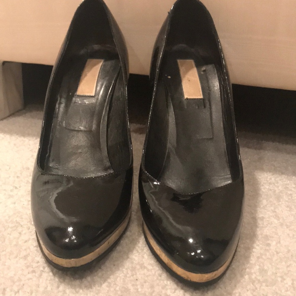 Black patent leather platform heels